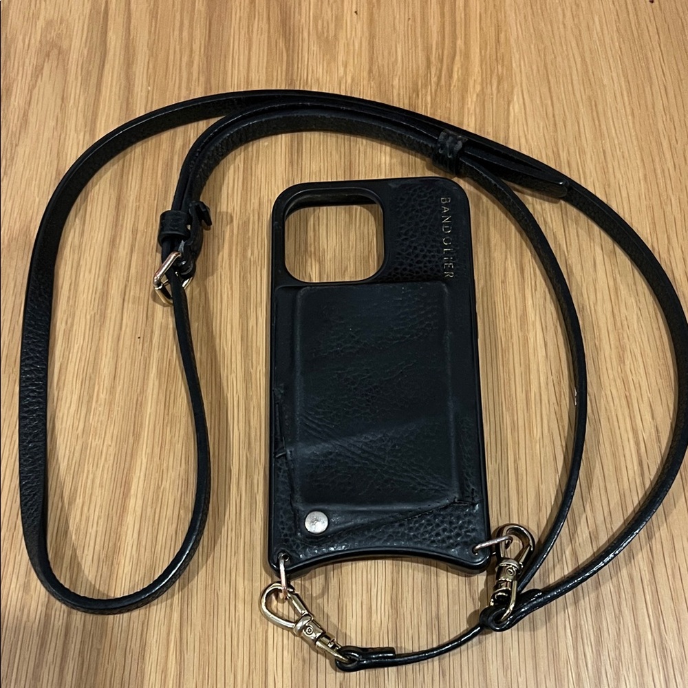 Bandolier IPhone 13 Pro Black Leather Phone Case with Strap